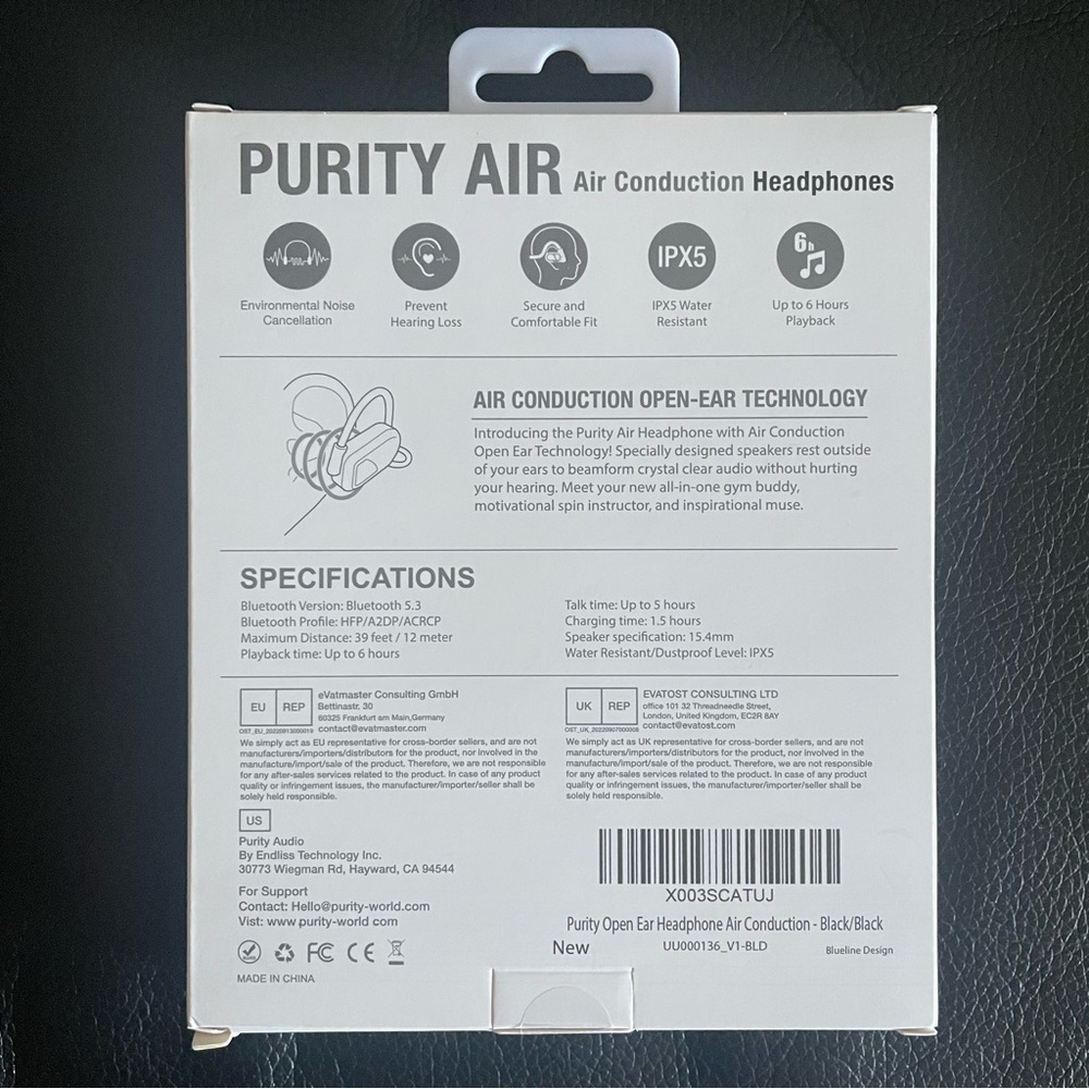 NWT Purity Air - Air Conduction Headphones Bluetooth Black - Picture 2 of 4